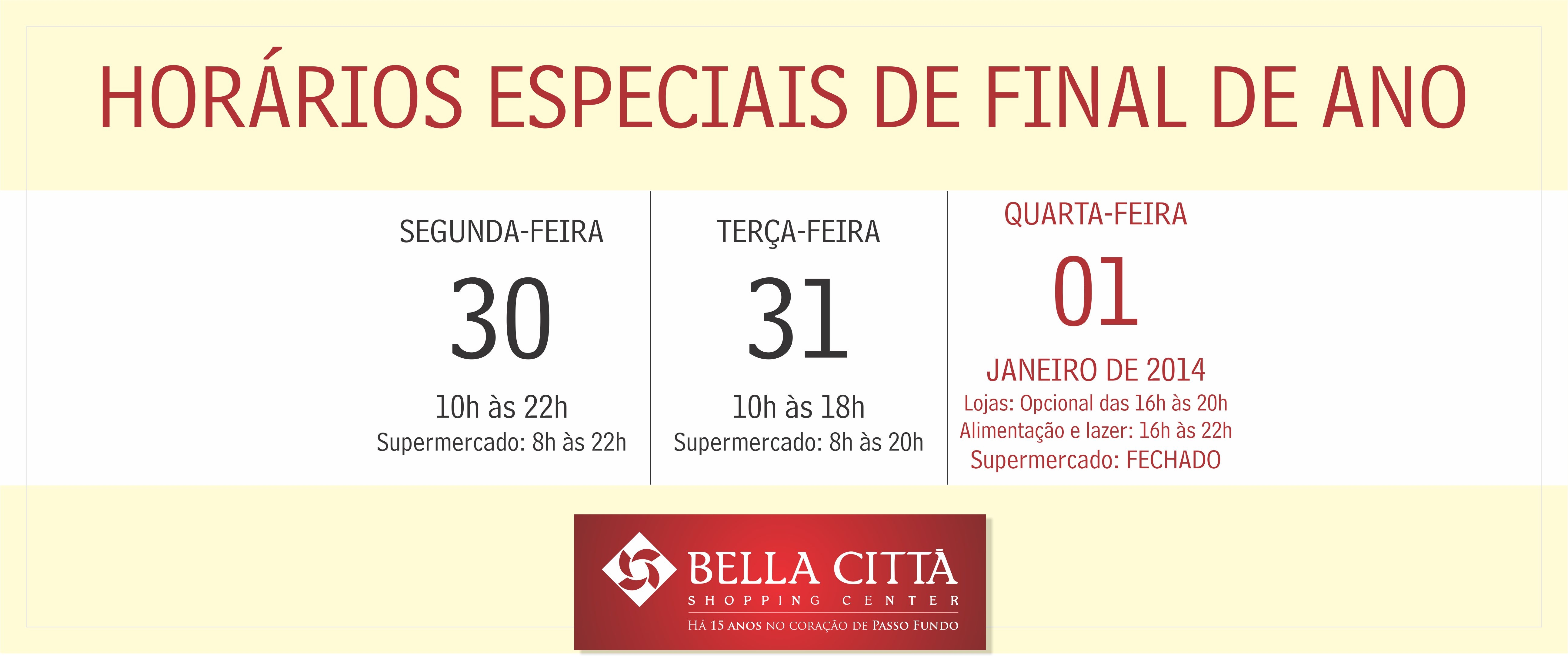 Horários de Final de Ano no Bella Città Shopping