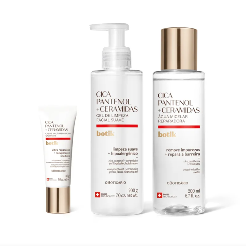 Combo Botik Cica Pantenol E Ceramidas: Gel de Limpeza Facial Suave 200g + Água Micelar Reparadora 200ml + Creme Facial Multirreparador Calmante 30g